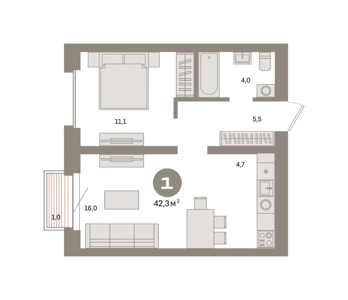 1 комн. Квартира 42.3 кв. м