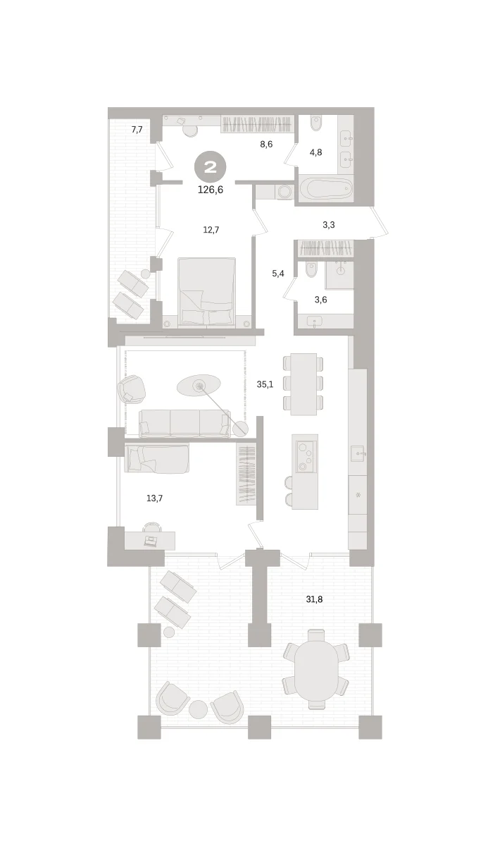 2 комн. Квартира 126.6 кв. м