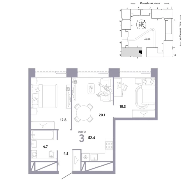 3 комн. Квартира 52.4 кв. м