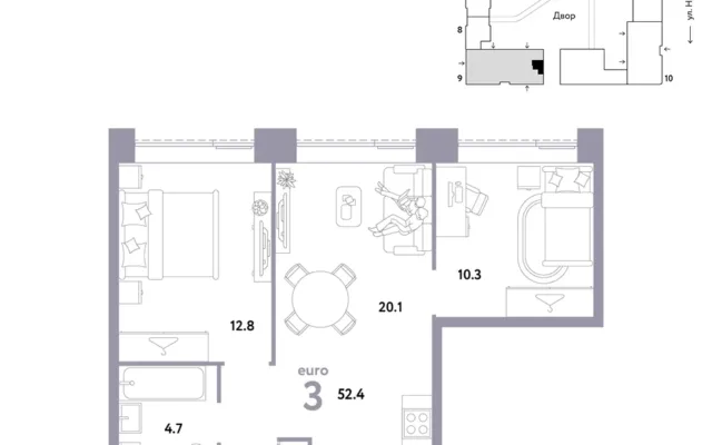 3 комн. Квартира 52.4 кв. м, Москва