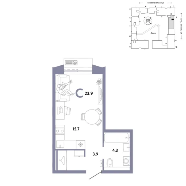 1 комн. Квартира 23.9 кв. м