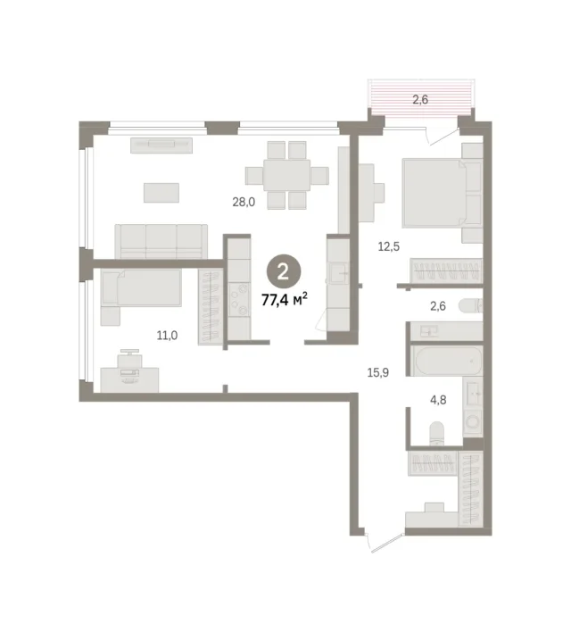 2 комн. Квартира 77.4 кв. м