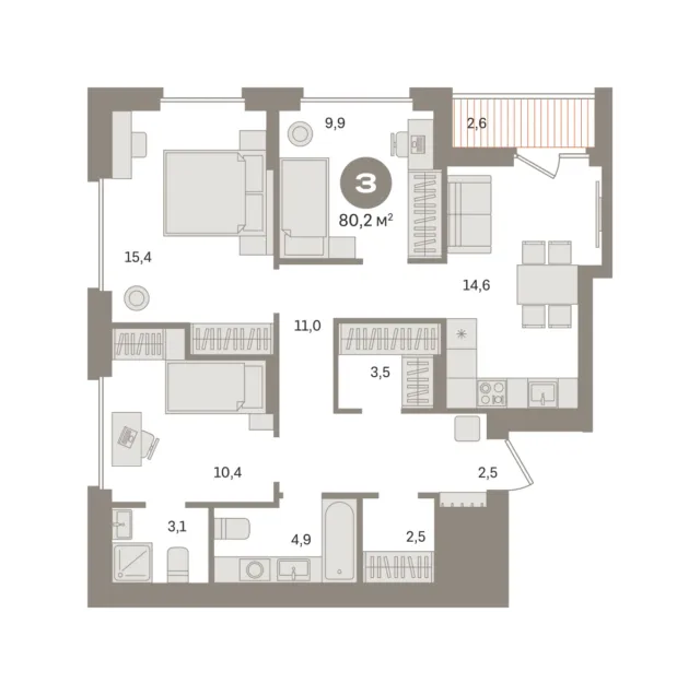 3 комн. Квартира 80.2 кв. м