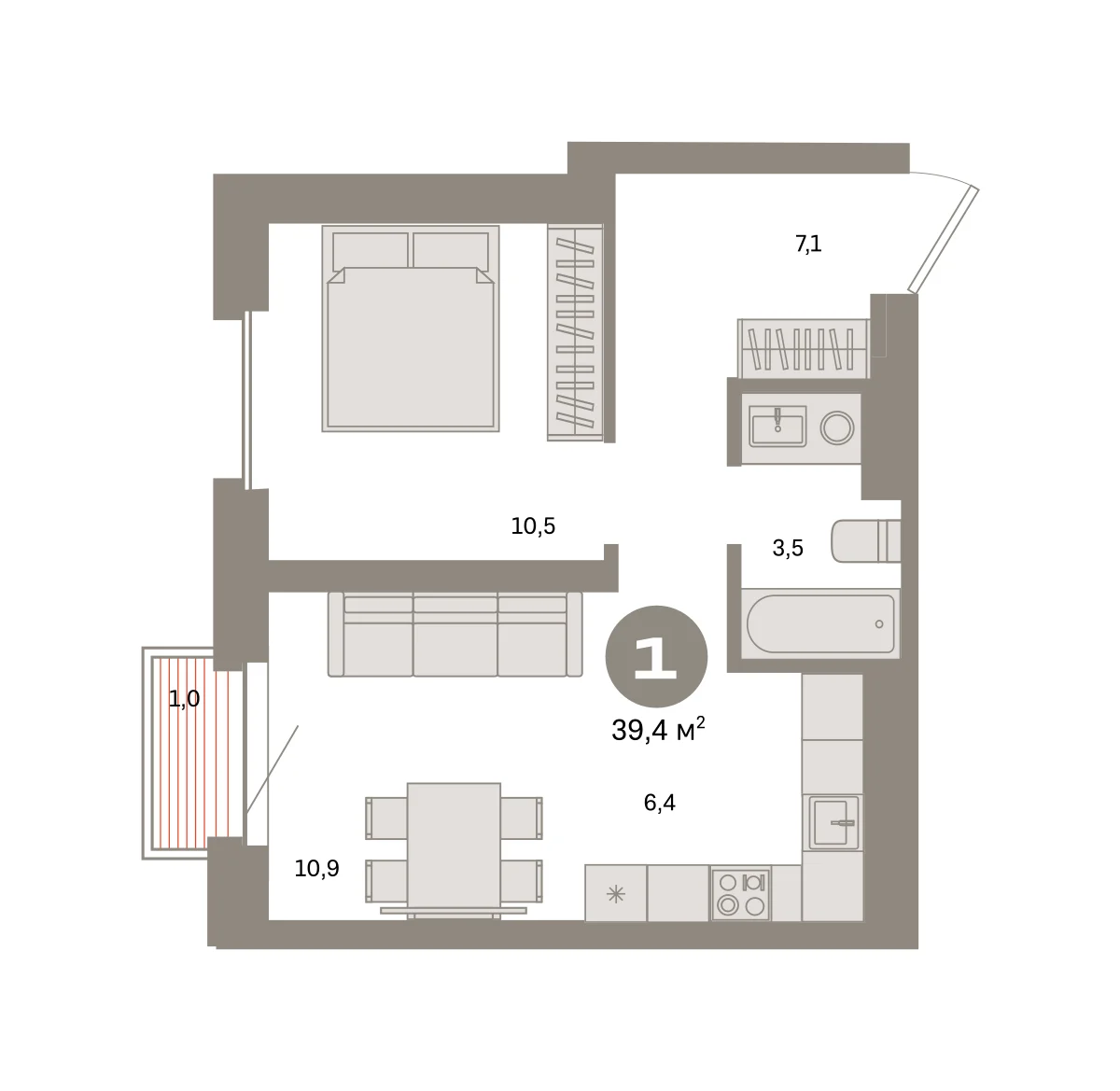 1 комн. Квартира 39.4 кв. м