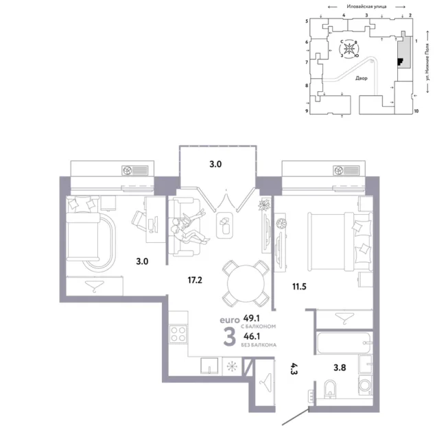 3 комн. Квартира 49.1 кв. м