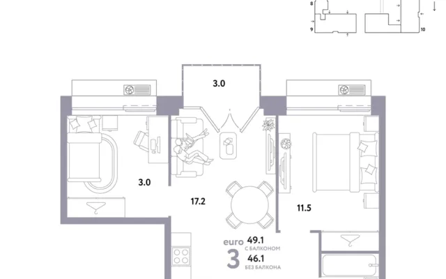 3 комн. Квартира 49.1 кв. м, Москва
