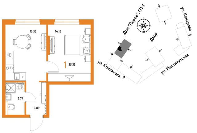 1 комн. Квартира 35.3 кв. м