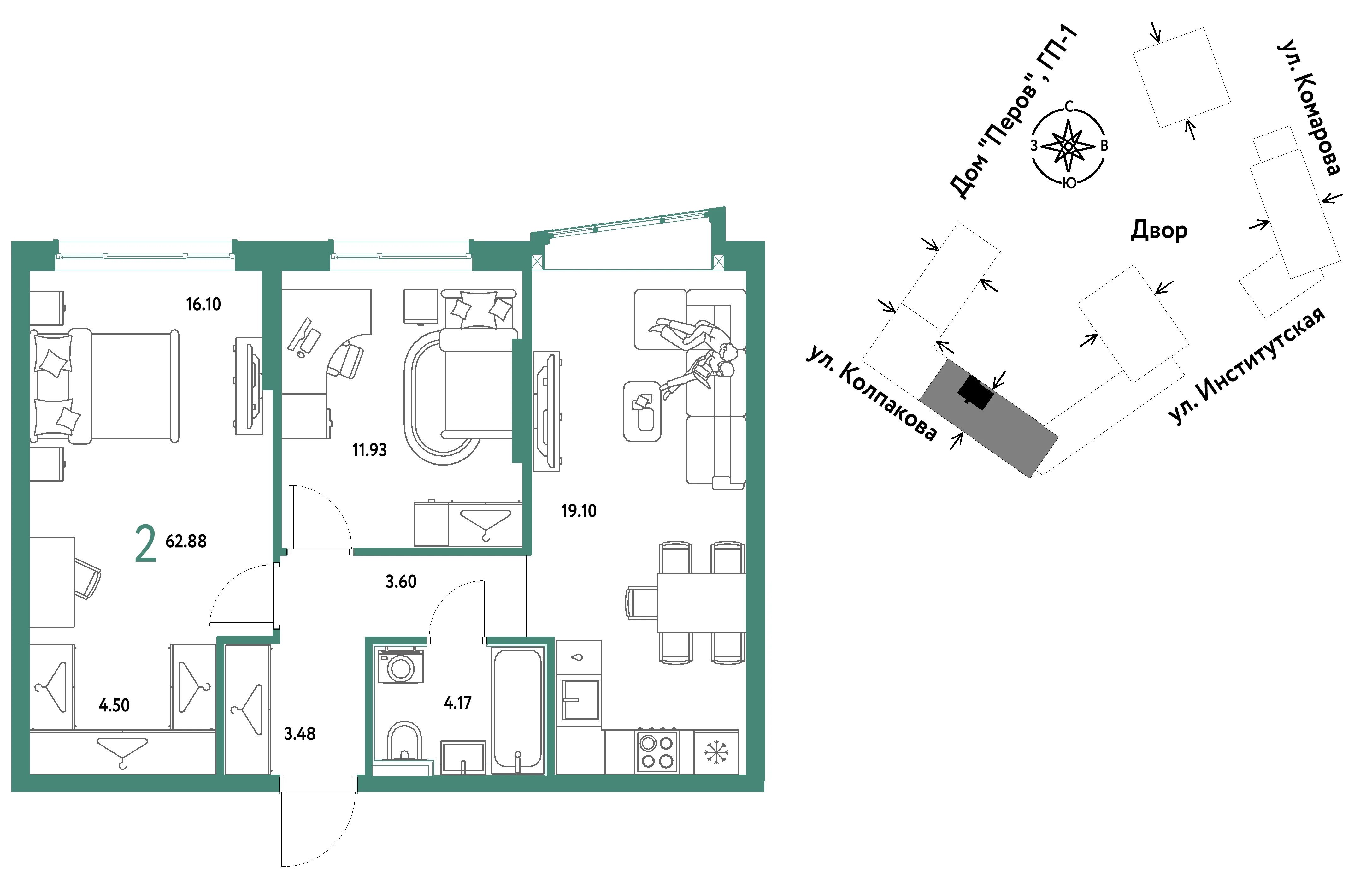 2 комн. Квартира 62.9 кв. м
