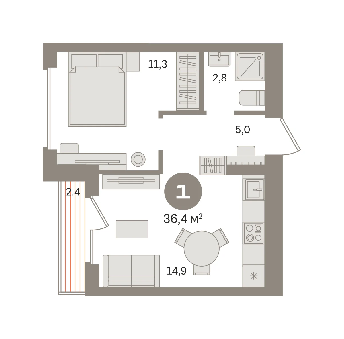 1 комн. Квартира 36.4 кв. м