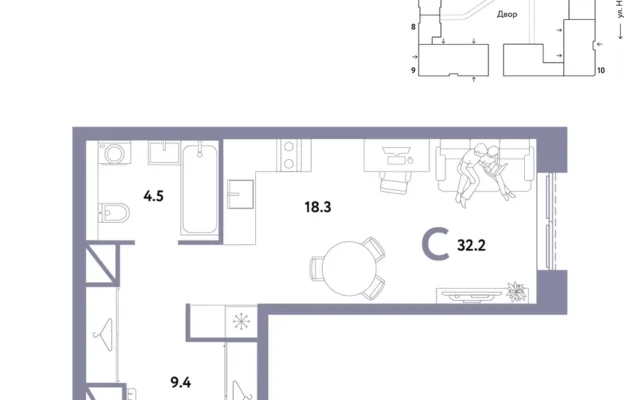 1 комн. Квартира 32.2 кв. м, Москва