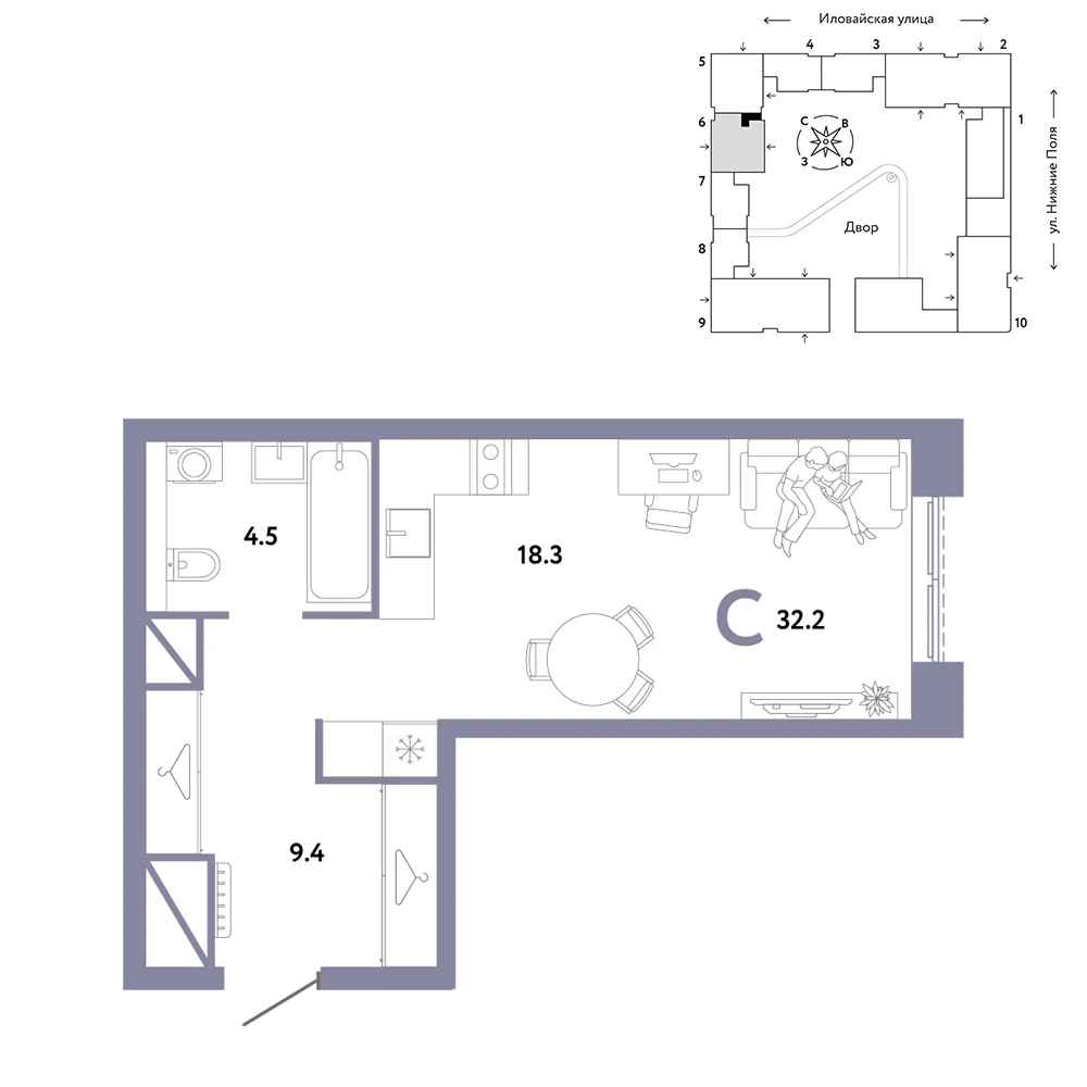 1 комн. Квартира 32.2 кв. м