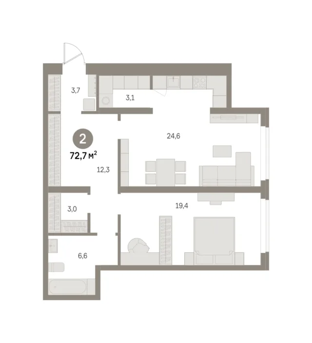 2 комн. Квартира 72.7 кв. м