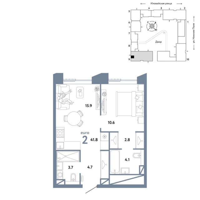 2 комн. Квартира 41.8 кв. м