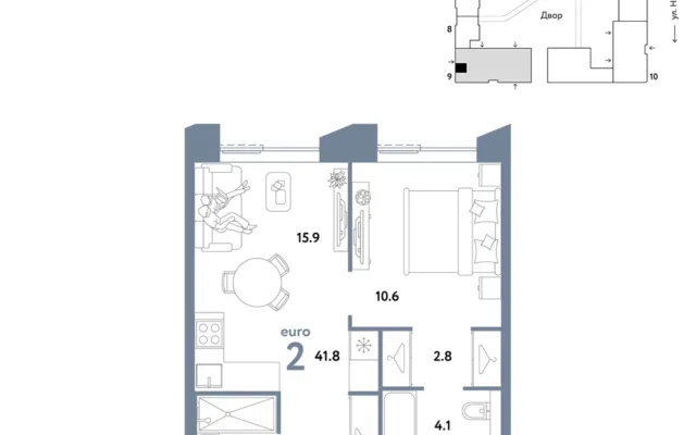 2 комн. Квартира 41.8 кв. м, Москва