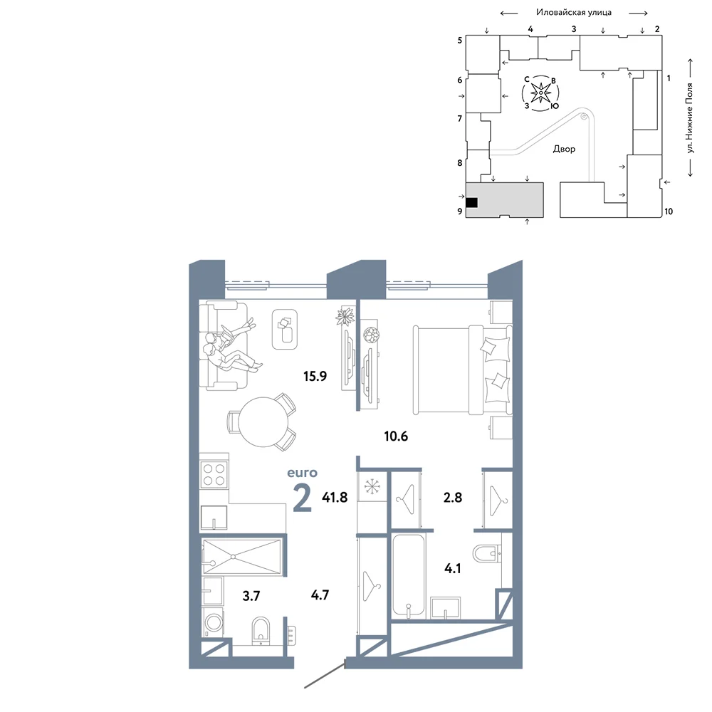 2 комн. Квартира 41.8 кв. м