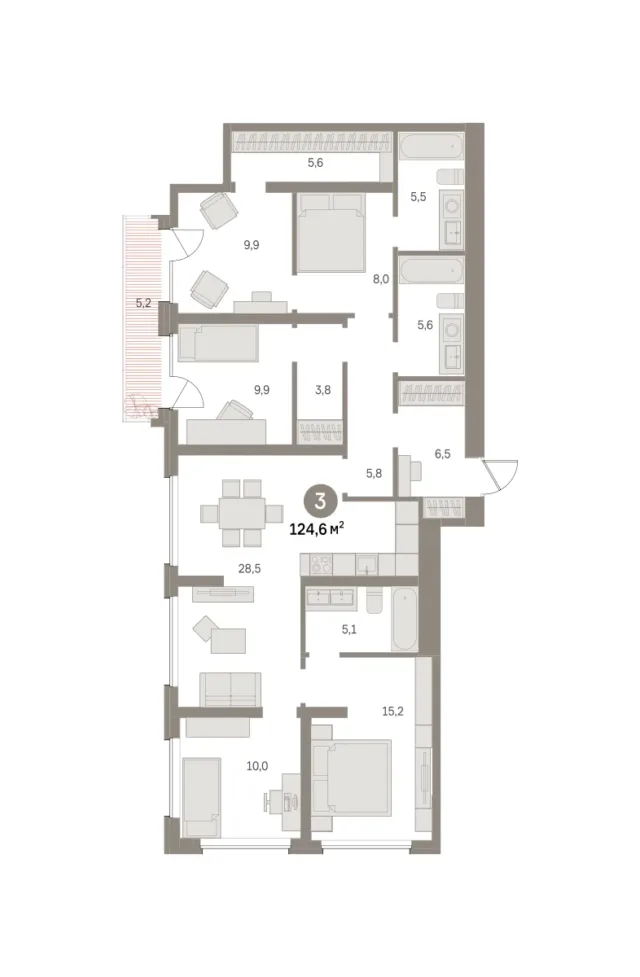 3 комн. Квартира 124.6 кв. м