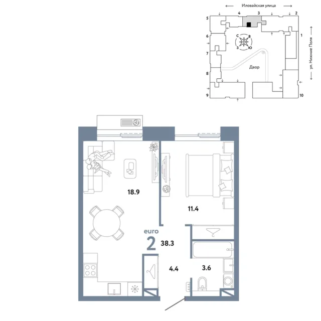 2 комн. Квартира 38.3 кв. м