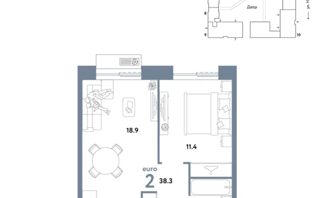 2 комн. Квартира 38.3 кв. м, Москва