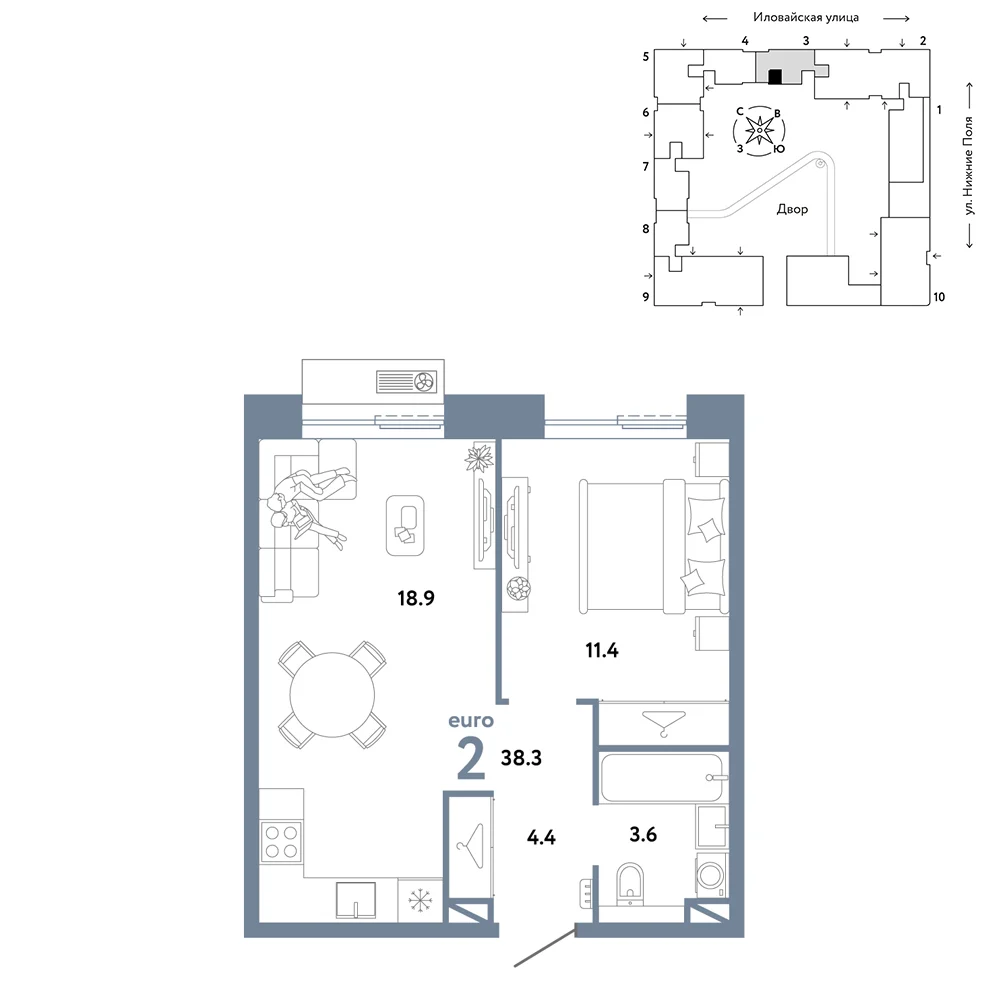 2 комн. Квартира 38.3 кв. м
