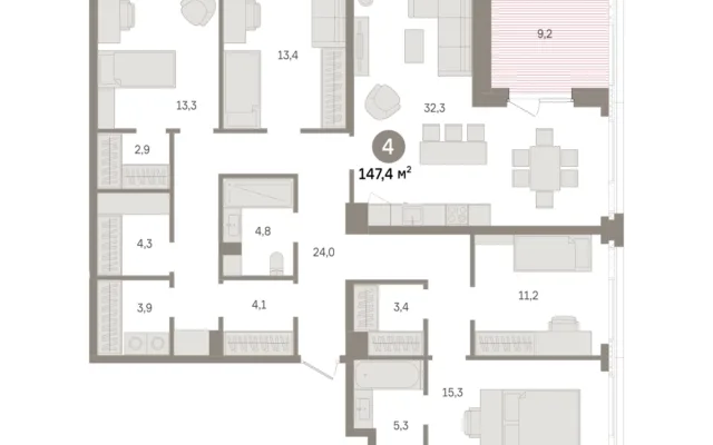 4 комн. Квартира 147.4 кв. м, Московская область Москва