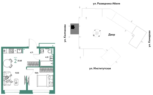 2 комн. Квартира 33.7 кв. м