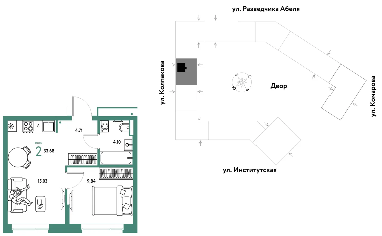 2 комн. Квартира 33.7 кв. м