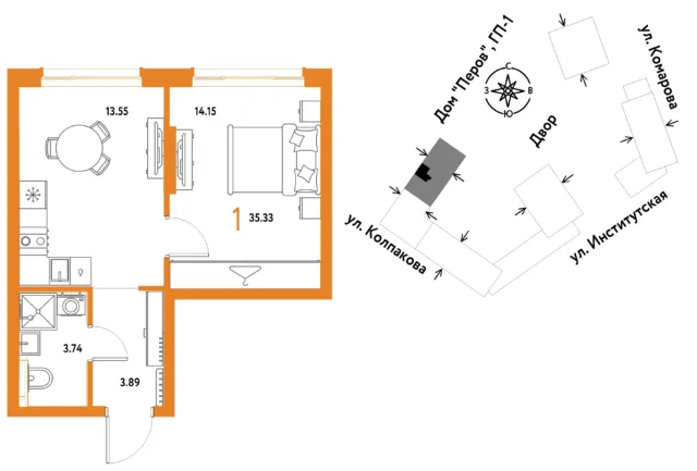 1 комн. Квартира 35.3 кв. м