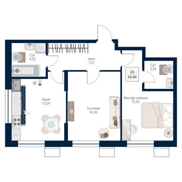 2 комн. Квартира 56.4 кв. м