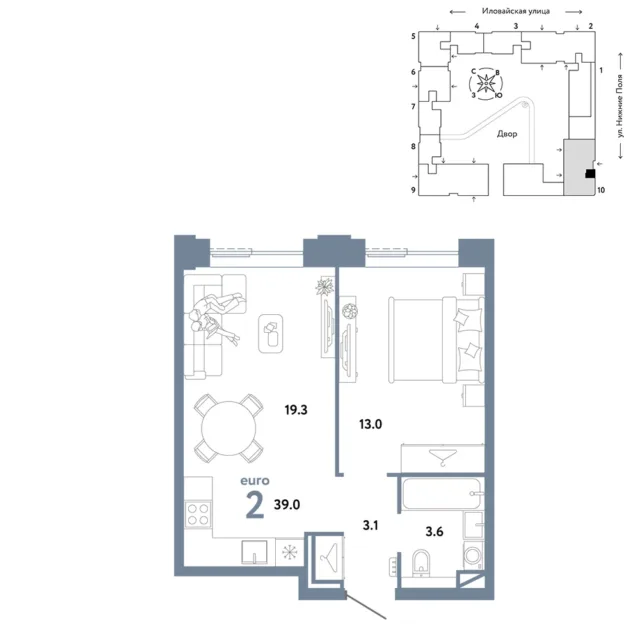 2 комн. Квартира 39 кв. м