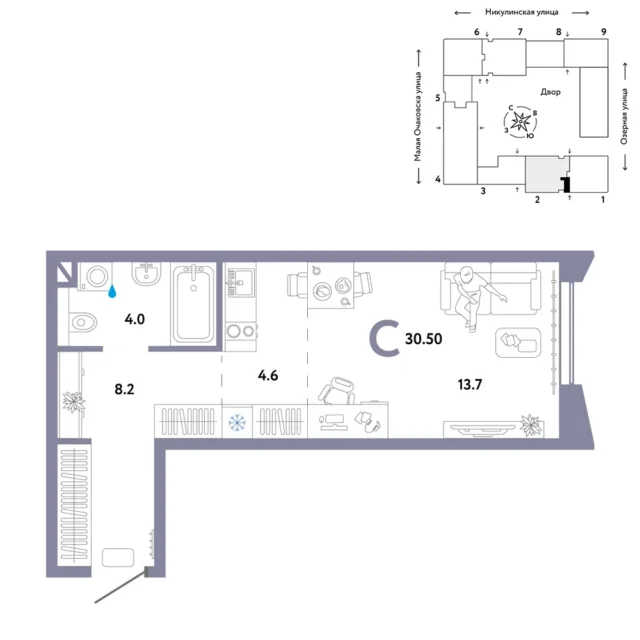 1 комн. Квартира 30.6 кв. м