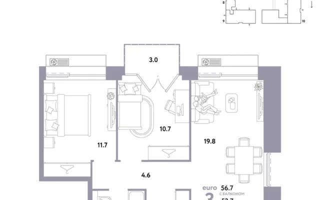 3 комн. Квартира 56.7 кв. м, Москва