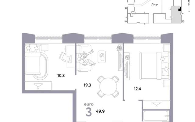3 комн. Квартира 49.9 кв. м, Москва