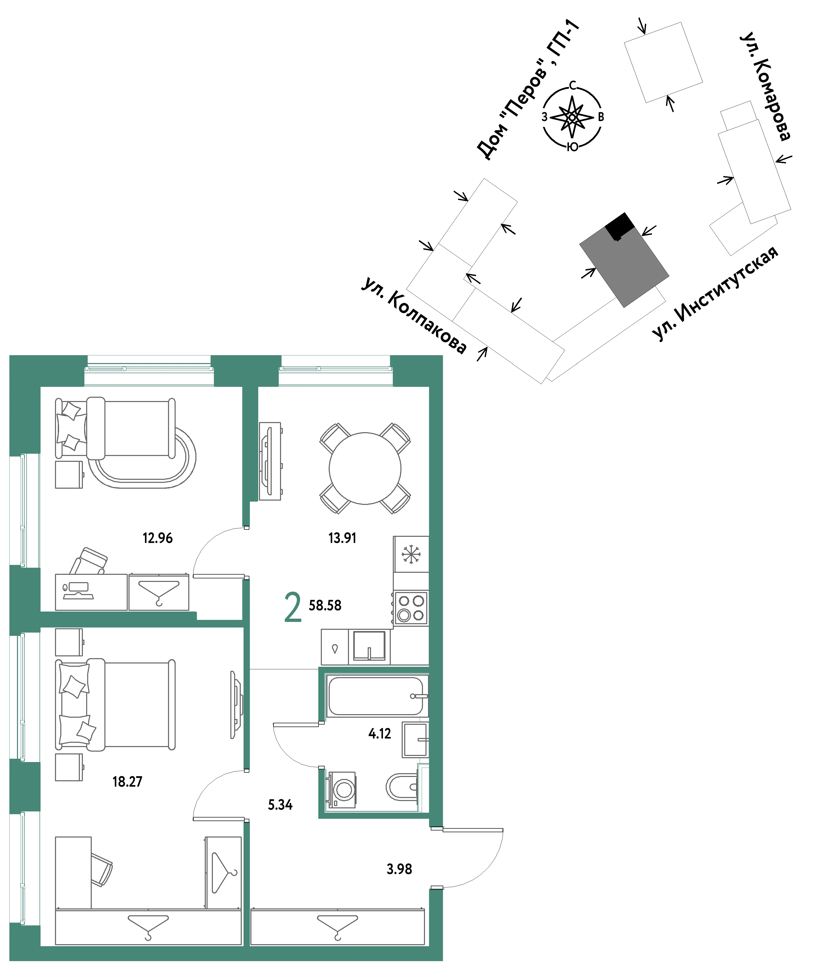 2 комн. Квартира 58.6 кв. м