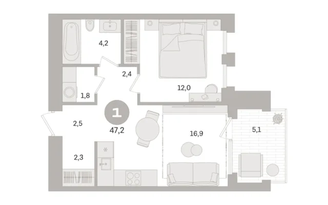 1 комн. Квартира 47.2 кв. м, Московская область Москва