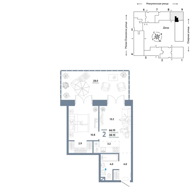 2 комн. Квартира 57.4 кв. м