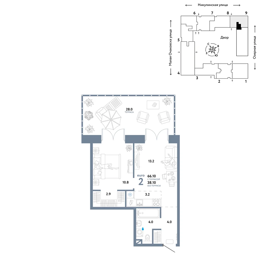 2 комн. Квартира 57.4 кв. м