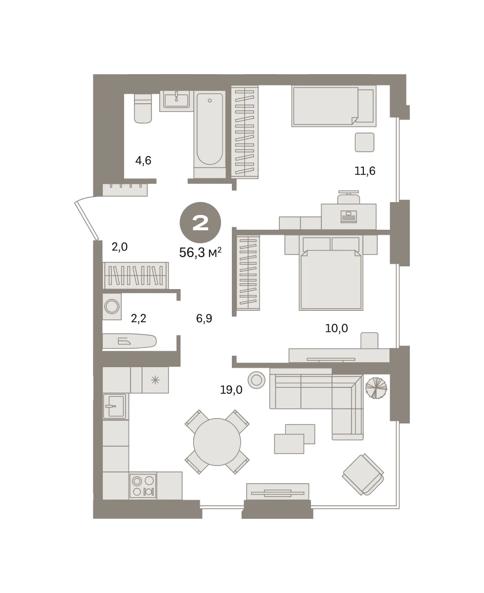 2 комн. Квартира 56.3 кв. м