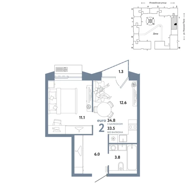 2 комн. Квартира 34.8 кв. м