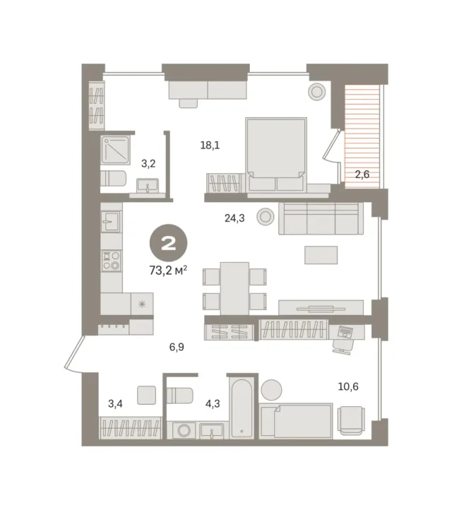2 комн. Квартира 73.2 кв. м