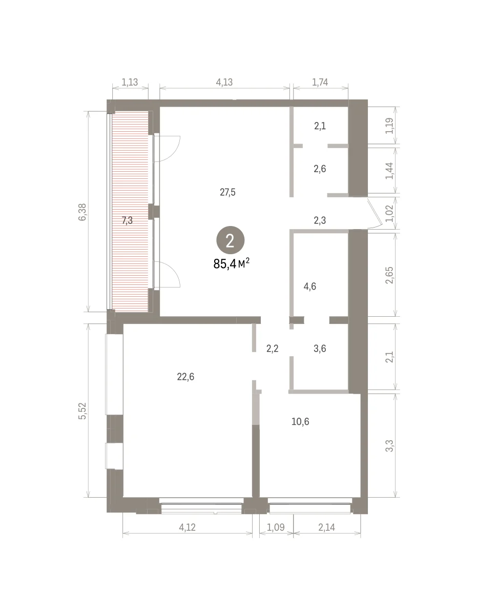 2 комн. Квартира 85.4 кв. м