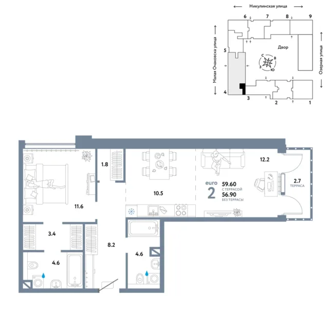 2 комн. Квартира 62.8 кв. м