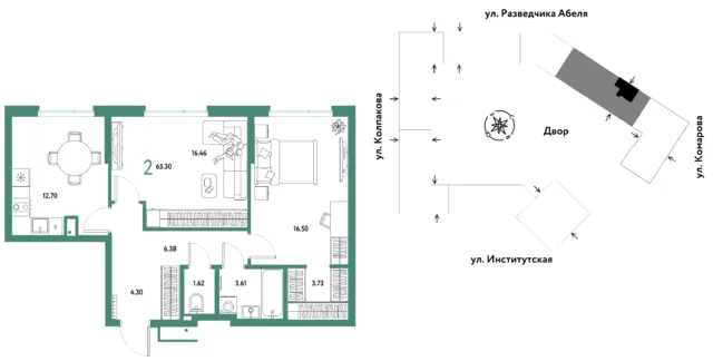 2 комн. Квартира 65.3 кв. м