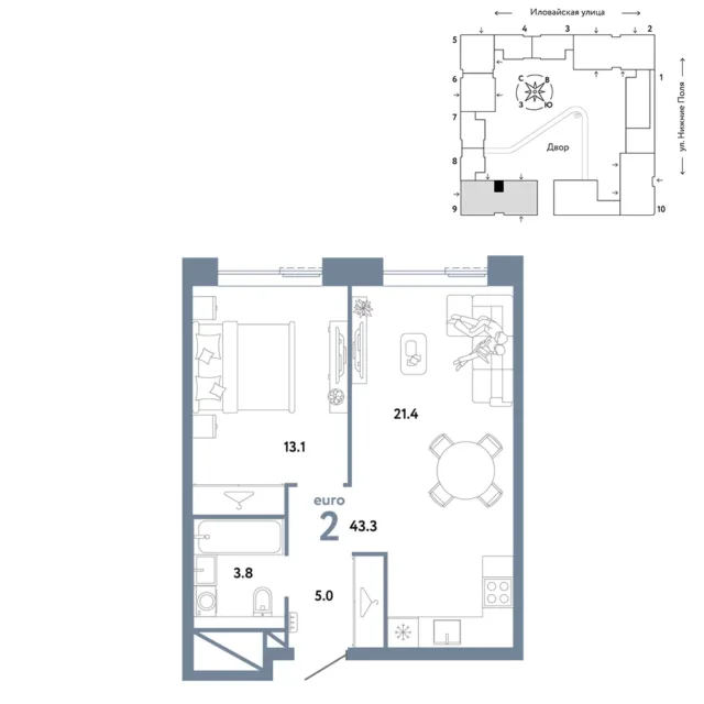 2 комн. Квартира 43.3 кв. м