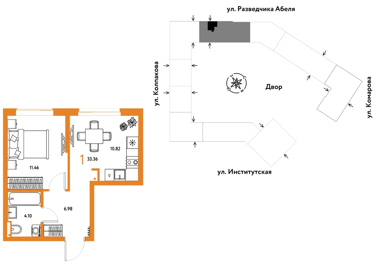 1 комн. Квартира 33.4 кв. м