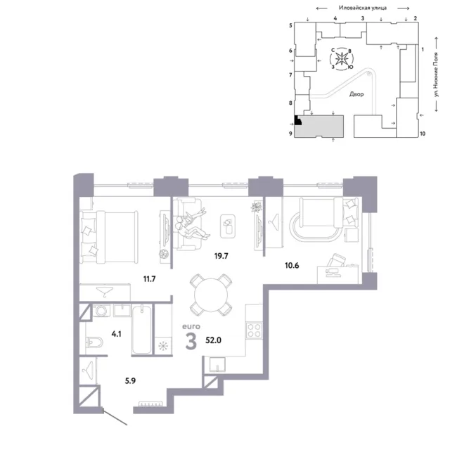 3 комн. Квартира 52 кв. м