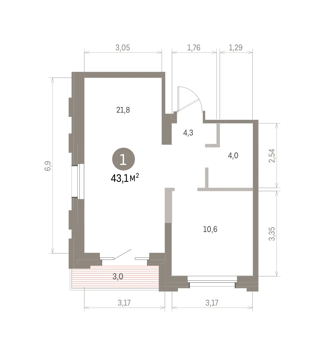 1 комн. Квартира 43.1 кв. м
