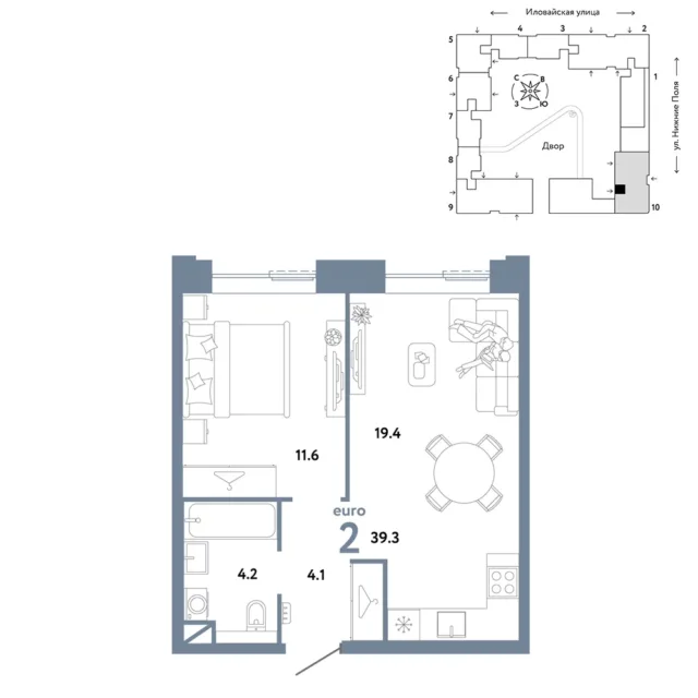 2 комн. Квартира 39.3 кв. м