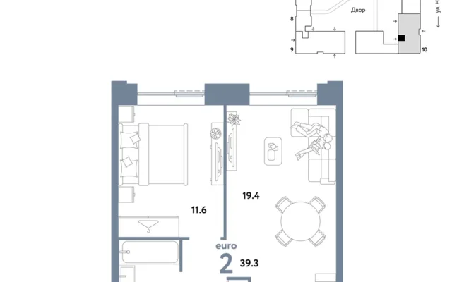 2 комн. Квартира 39.3 кв. м, Москва