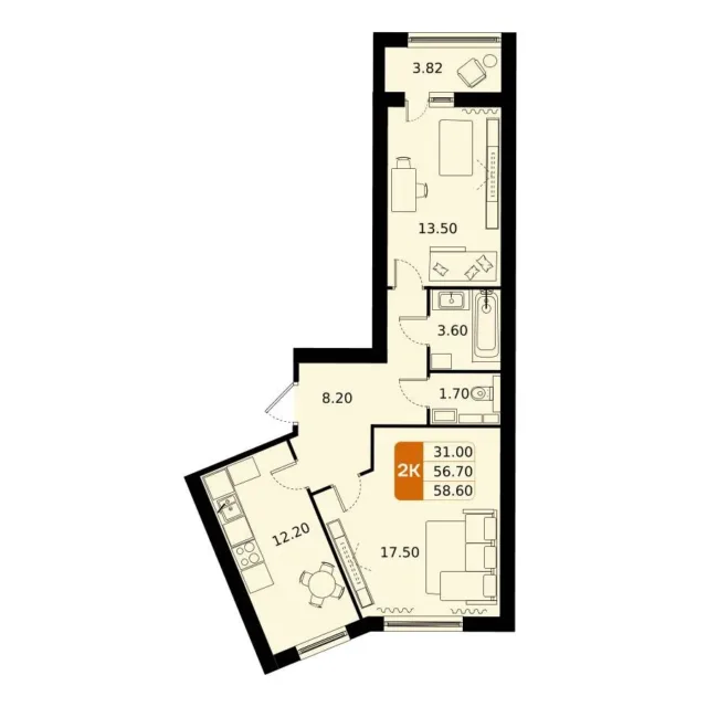 2 комн. Квартира 58.6 кв. м