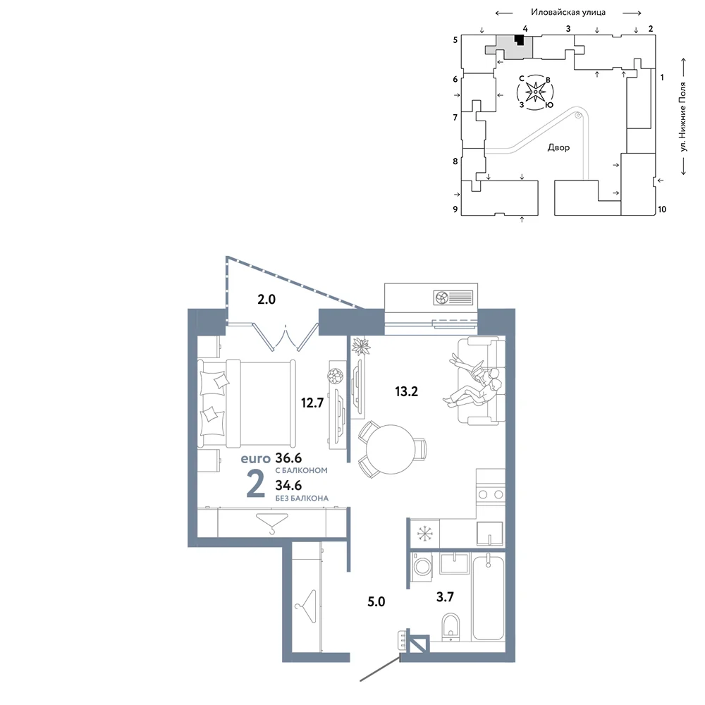 2 комн. Квартира 36.6 кв. м